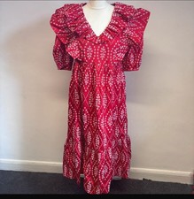 Zara Broderie Anglaise Midi Dress Size Medium Red Ruffle Detail V Neck Summer