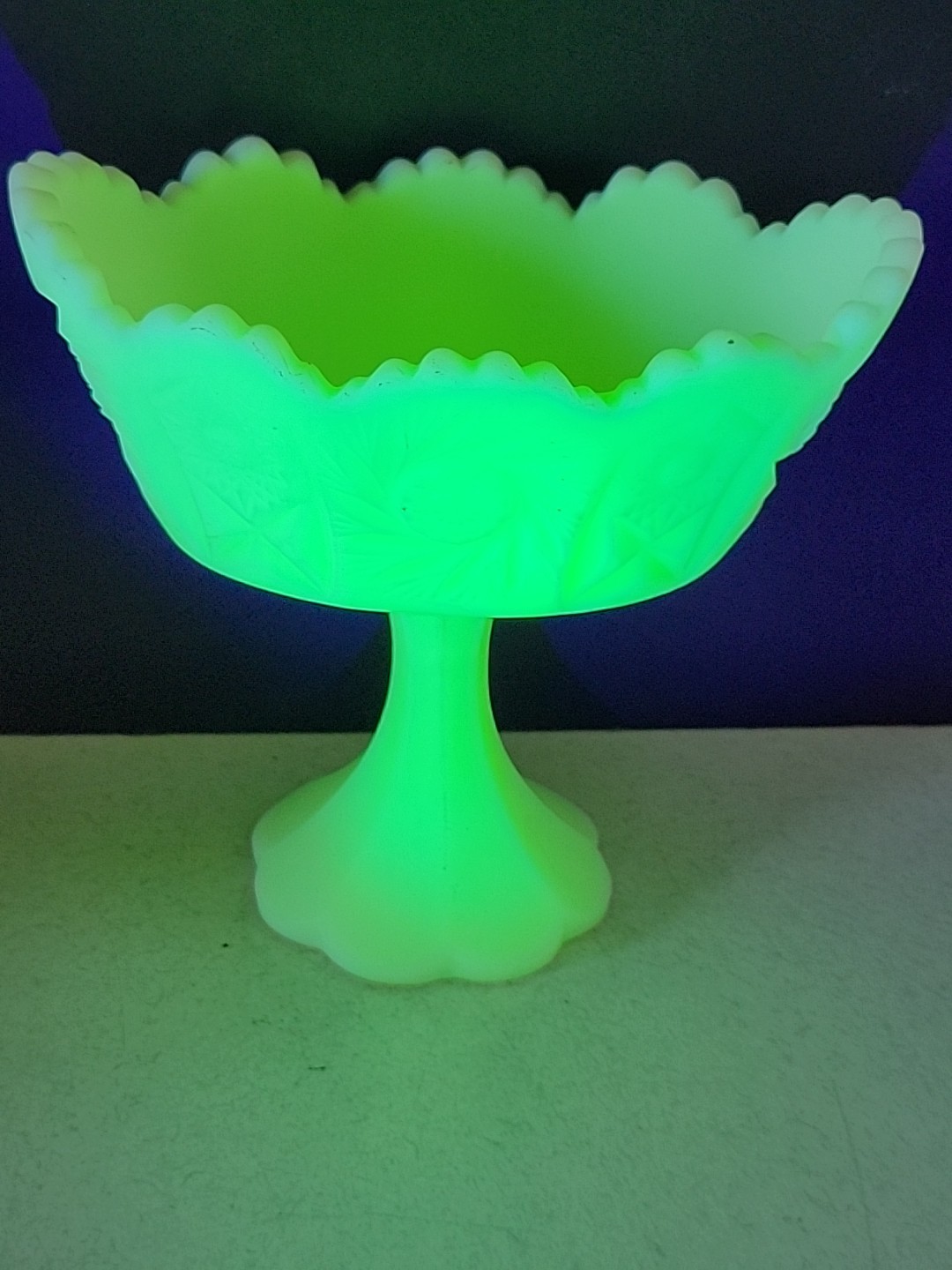 Vintage Fenton Art Glass Yellow Custard Star Satin Footed Vaseline Bowl Compote