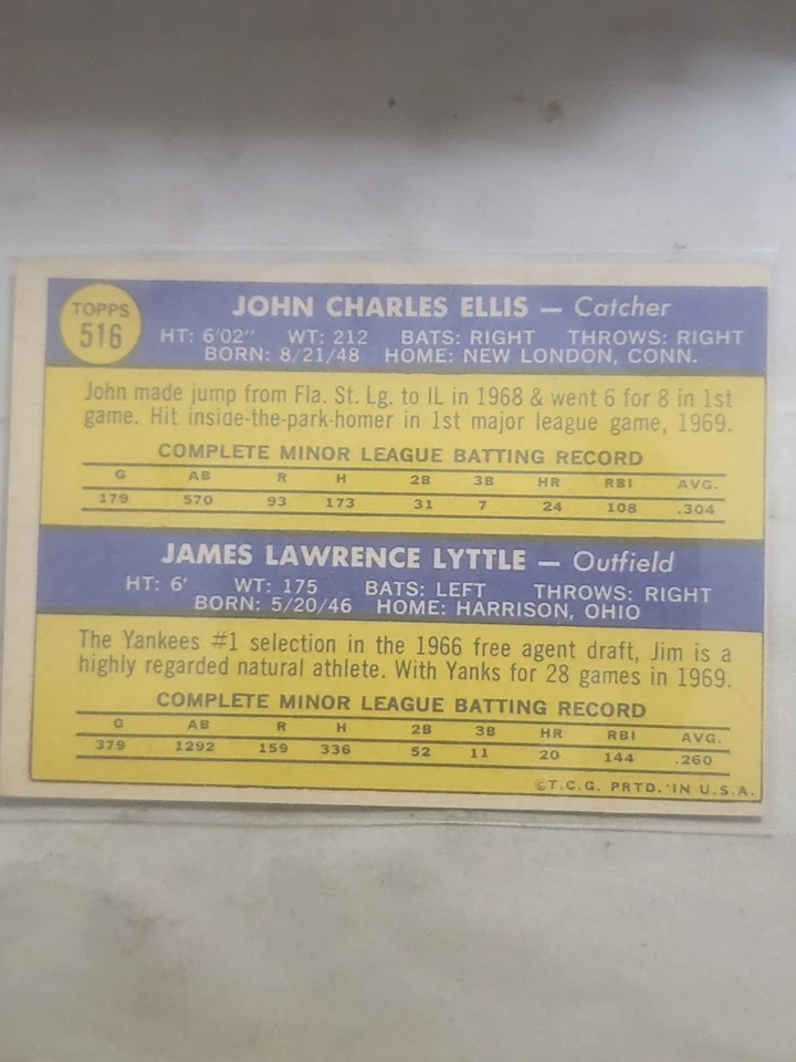 1970 Topps Baseball Yankees Rookie Stars John Ellis Jim Lyttle # 516 NM - Image 2 of 2