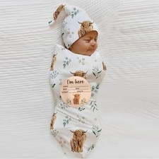 Baby Highland Cow Swaddle Blanket and Headband Set, Newborn Receiving Blanket...