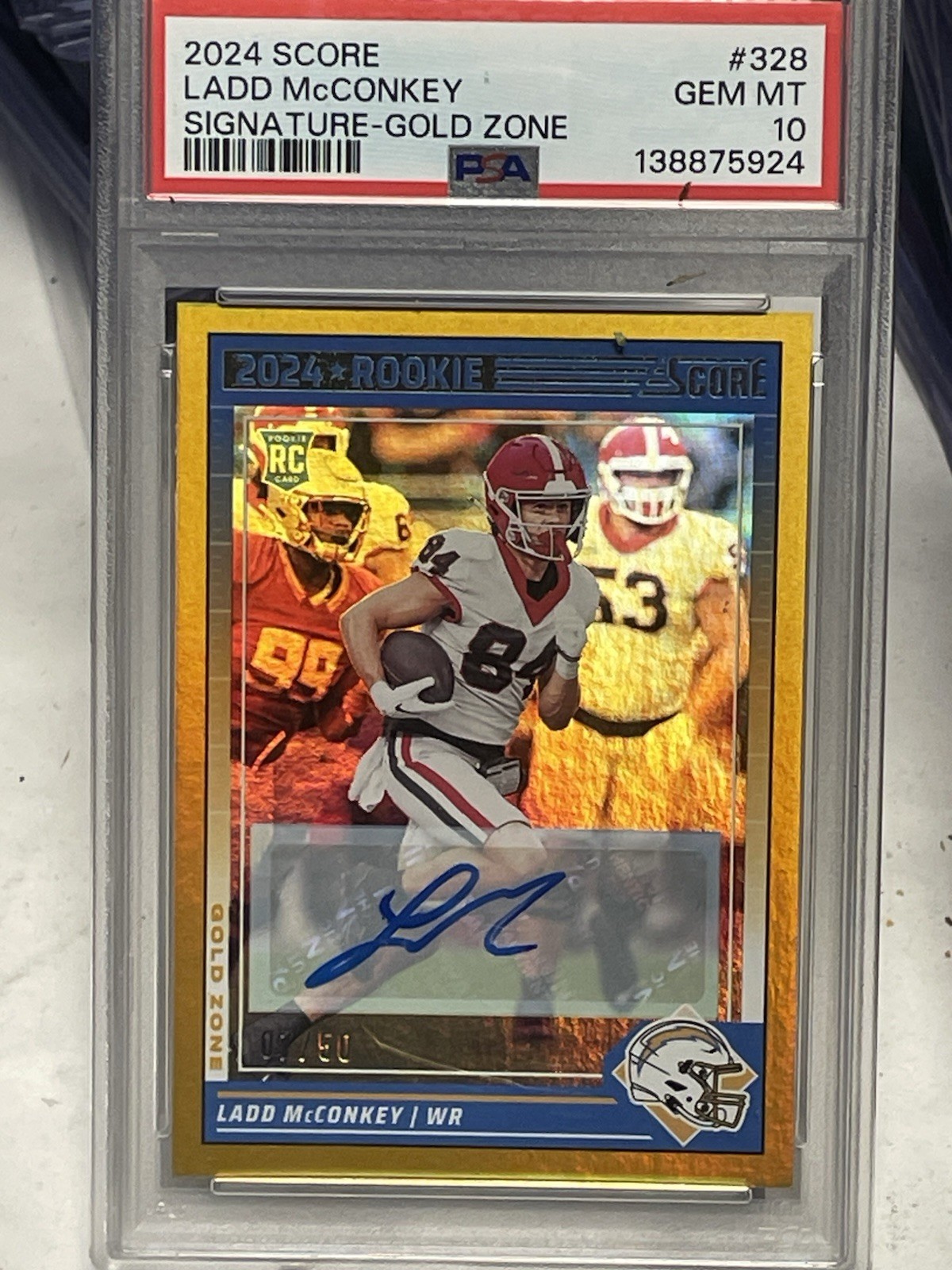 2024 Score Ladd McConkey Gold Auto Chargers Georgia Rookie Panini /50 PSA 10🔥