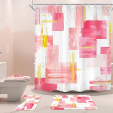 4Pcs Pink Gold Shower Curtain Set, Modern Abstract Girls Girly Ombre Blush Oil P