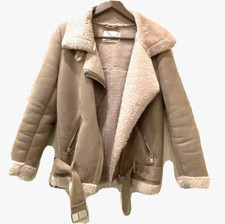 Zara Woman Ladies Faux Suede Shearling Coat Aviator Biker Jacket Size Xs Rrp £80