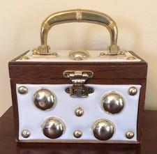 Vintage Retro Hand Made Wooden Box Purse With Patent Leather Gold Hardware