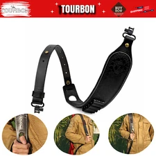 TOURBON Black Leather Rifle Sling Swivel Padded Shoulder Ammo Strap +Swivels Set