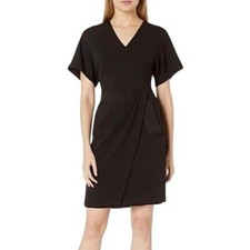 Halston Faux Wrap Dress 14 Black Dolman Sleeves Satin Trim Drape Formal Evening