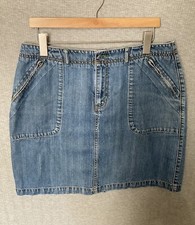 Eddie Bauer Blue Denim Jean Skirt Size 14 Stretch Zip Pockets Medium Wash