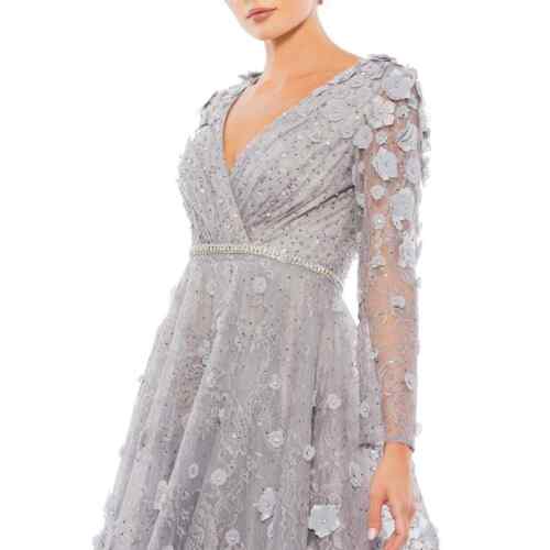 Mac Duggal Long Sleeve Floral Applique Embellished Lace Dress Sterling Size 8 - Picture 2 of 20