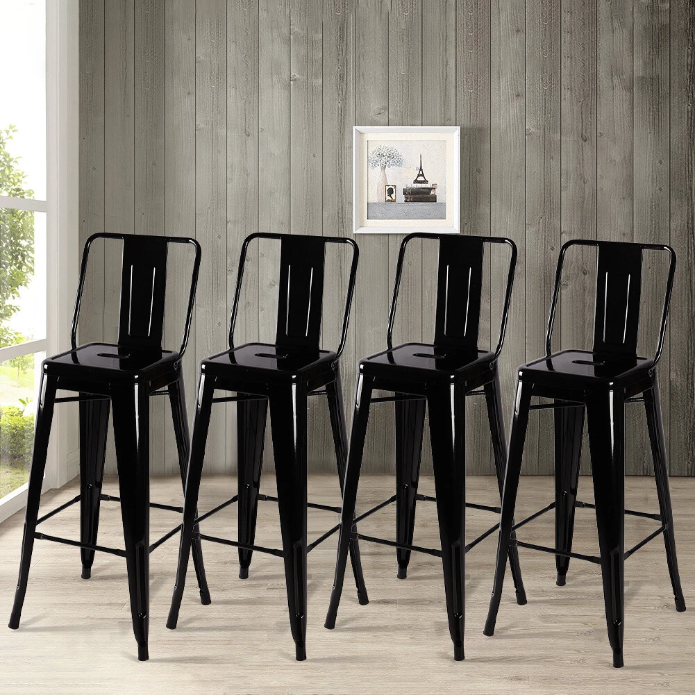 4x Kitchen Breakfast Bar Stools Black Industrial Metal Bistro Pub High Chairs