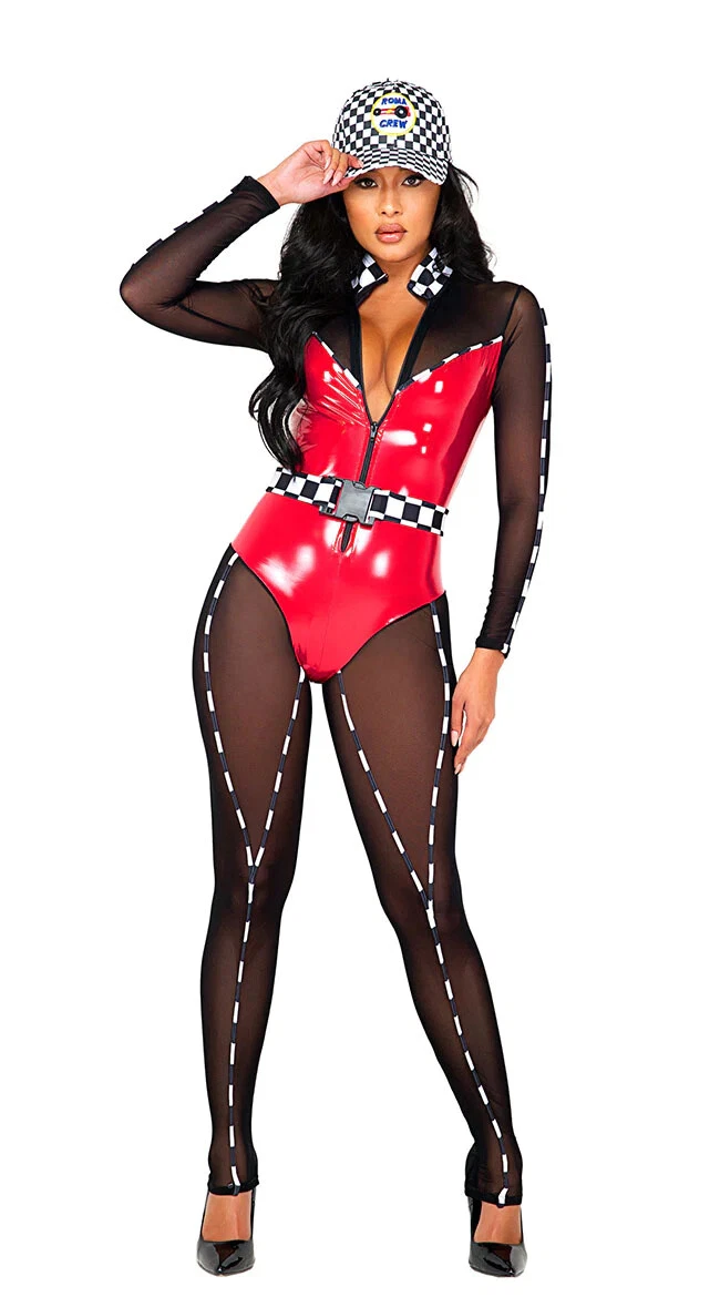 Roma Speedway Hottie Race Car Driver Black & Red Vinyl Bodysuit Costume  5113