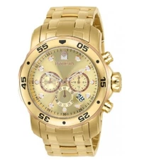 NEW Invicta Pro Diver Scuba 18K Gold Plated Gold Dial Chrono S.S Bracelet Watch