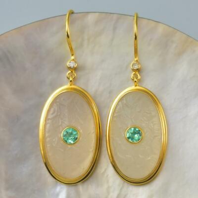 Ohrringe Weiß Chalzedon Lotus Schnitzerei Apatit 18K Goldenen Vermeil Sterling