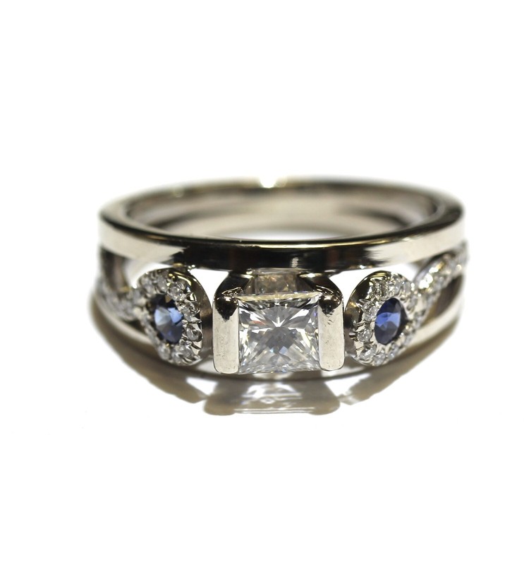 14k white gold .91ct VS1 H princess diamond sapphire gemstone engagement ring 7g