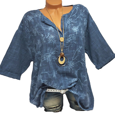 Italy Bluse Damen Longbluse Tunika Leinen Optik Bestickt Jeansblau 46 48 50  #28