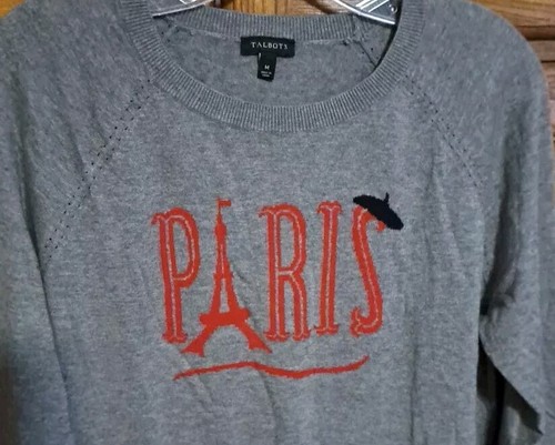 Mujer M Talbots Gris París Suave Suéter Algodón/Rayón Torre Eiffel Boina - Imagen 2 de 3