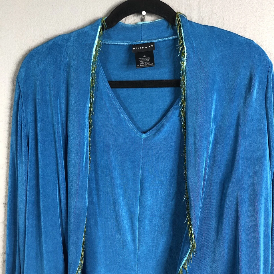 Conjunto Cárdigan Citiknits Mujer 1X Talla Grande Azul Slinky Viaje Tejido Cuentas Líquido Foto 3 de 4