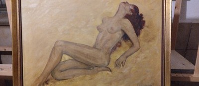 AKT Model Acryl Gemälde Bild Leinen erotic acrylic painting H. Nicolai 1962
