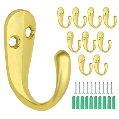 10 PCS Heavy Duty Wall Mounted Coat Hooks Zinc Alloy Single Prong Gold Hangers