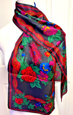 Vtg LIZ CLAIBORNE Vibrant Floral Scarf 100 Silk 53  x 11  Japan Red Black Green