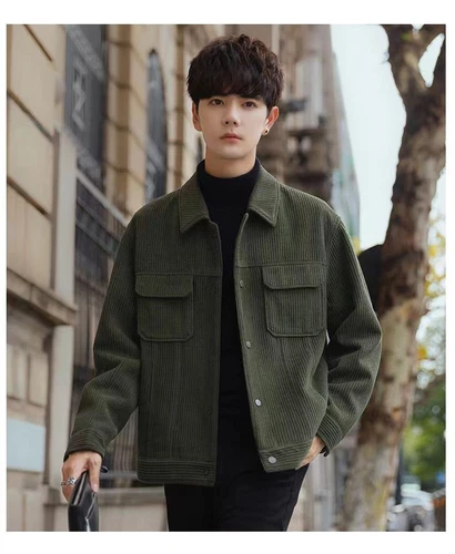 Men’s Corduroy Jacket | Korean Style Casual Spring & Fall Button-Up Coat - Picture 7 of 16