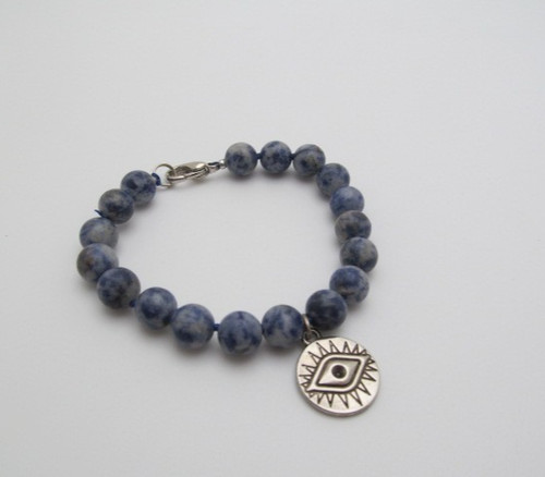 Sodalite Natural Stone Round Ball 8.5mm Third Eye Evil Eye Tag Charm Bracelet