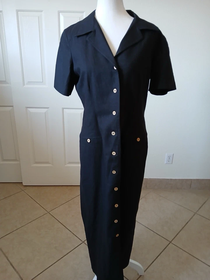 Vestido Karin Steven’s Mujer Negro Mezcla Lino Manga Corta Madera Botón Talla 12 Foto 2 de 4