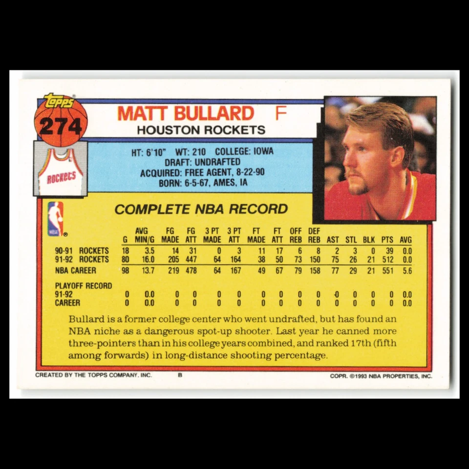 Matt Bullard #274 1992 Topps Houston Rockets Basketball Card NBA NM - Image 2 of 3