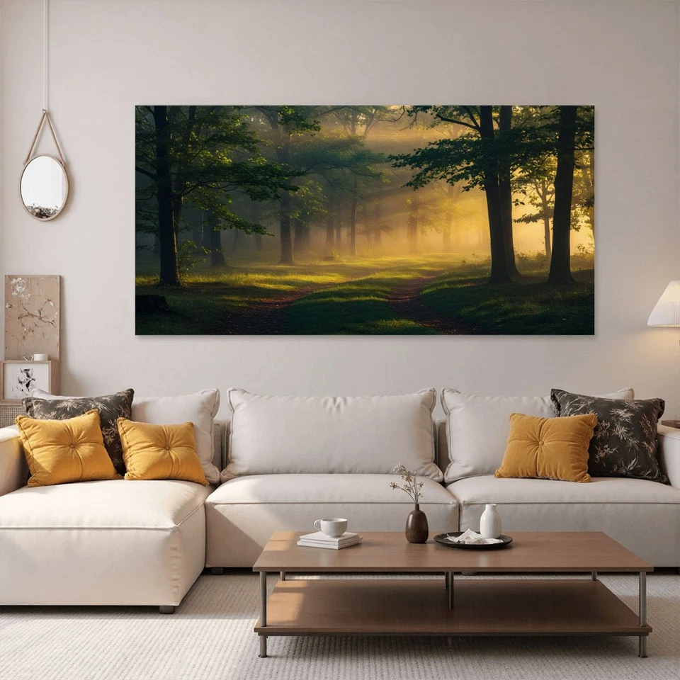 Forest Path Sunrise Canvas Print 60x30 - Misty Nature Landscape Wall Art Decor - Image 2 of 4