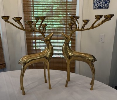 2 Showstoppong VTG Gold  Brass Reindeer 10 Count Candelabra Pottery Barn  20''