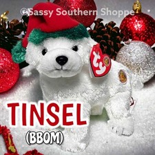 ❤️ TINSEL 💚 2003 Ty Beanie Babies Fuzzy White Christmas DOG (BBOM) Baby *MWMT*