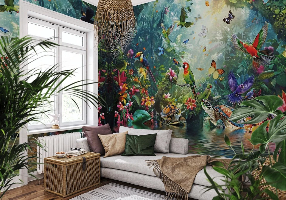 Jungle Forest Wallpaper, Animals, Birds, Butterflies Wall Mural Sticker - Image 4 of 4