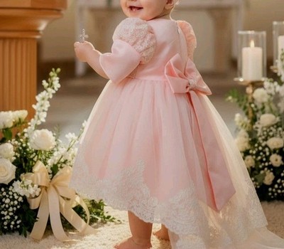 Taufkleid Baby Gr. 62 68 3-6M Babykleid Taufe Party Stirnband Mütze Set Rosa