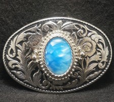 XC15123 NOS VINTAGE 1970s  FLORAL  BLUE STONE  UNISEX FASHION BELT BUCKLE