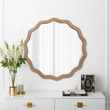 Wood Round Wavy Scalloped Mirror Large Decorative Framed Hanging Circle Mirror