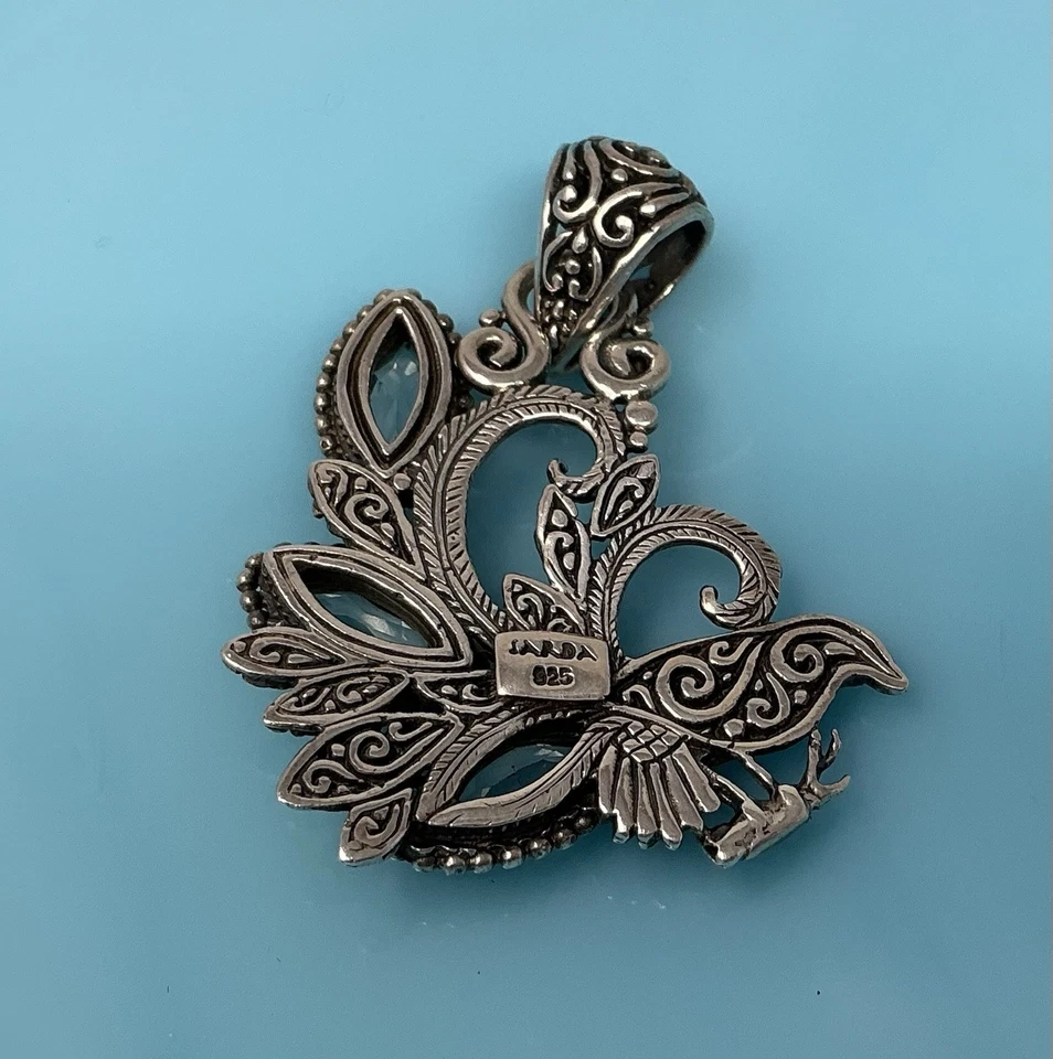 "Colgante de piedras preciosas de pájaro pavo real topacio blanco de plata de ley Bali Sarda de 2"" 11 g" Foto 4 de 4