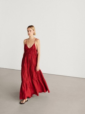 MASSIMO DUTTI Red Linen Long Full Maxi Dress with Gathered Detailing L UK14 £189