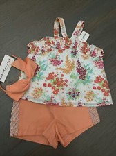 NWT Janie and Jack girl SUMMER ruffled orange floral 3-piece bow SET 12 18 5 5T