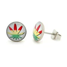 STAINLESS STEEL POST EARRINGS RASTA POT LEAF 10mm Marijuana Stud Red Gold Green
