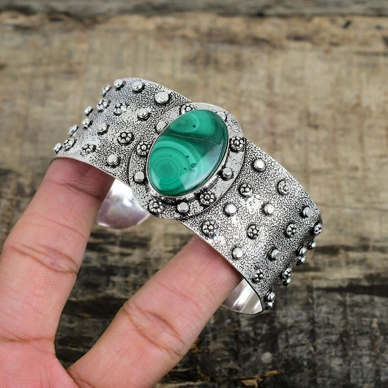 925 Sterling Silver Malachite Gemstone Handmade Jewelry Cuff Bracelet ADJ - Image 3 of 4