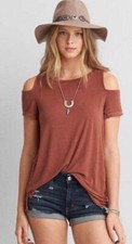 Americans Eagle Soft And Sexy Cold Shoulder Burnt Orange Tee Shirt Size Small