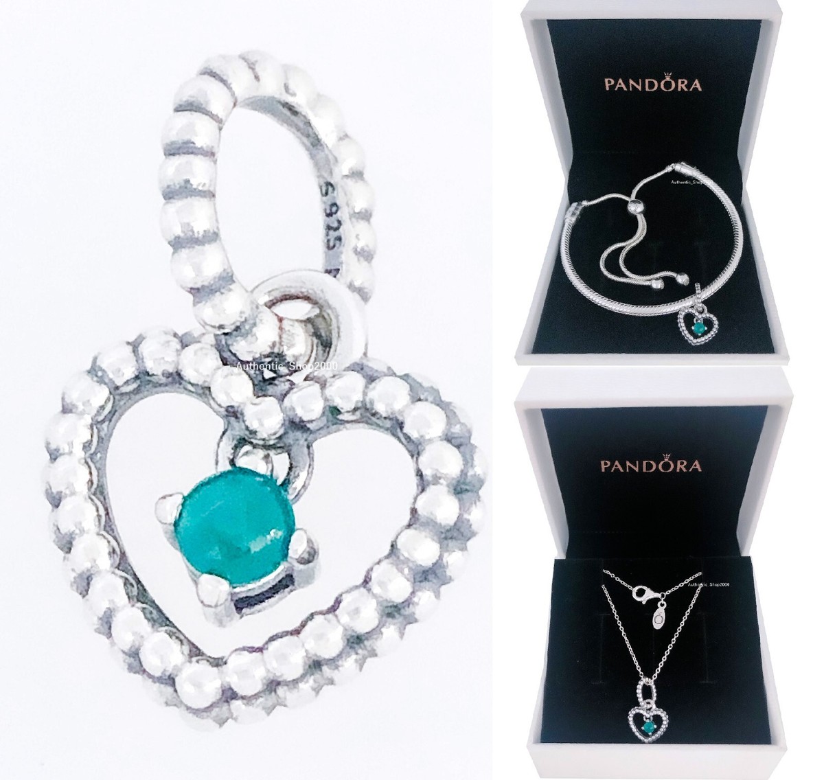 100% PANDORA 925 May Green Beaded Heart Charm Necklace Bracelet