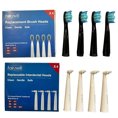 Fairywill 4 PACK Toothbrush Heads White Interdental Black Replacental Cleaning