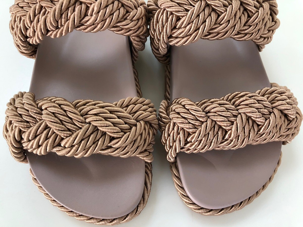 New Valentino Rockstud Studded Torchon Rope Flat Slides Sandals