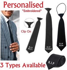 PERSONALISED Name Black Funeral Tie RIP Dad Mum Grandad Nan Remembrance Clip On