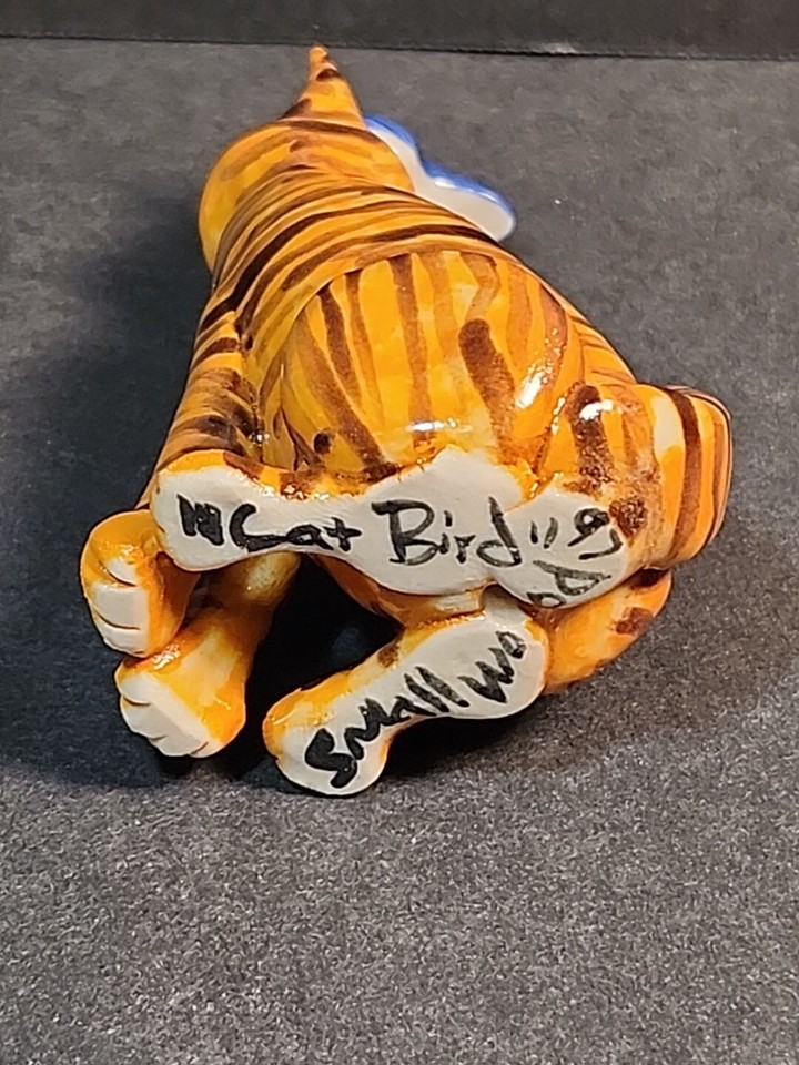Smallwood Pottery Cat Orange Tabby Blue Bird 1997 Miniature Figurine