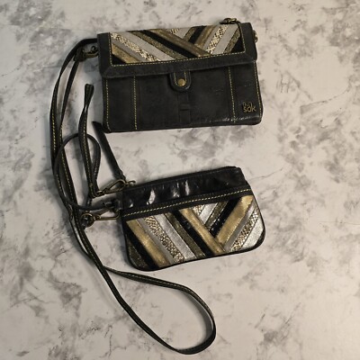 The Sak Black Purse Leather Crossbody Purse w/ Clutch Gold Metallic Snakeskin