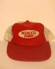 Vintage Trucker Sport Cap Peerless Pump Hat White Red Mesh Back Snapback Patch