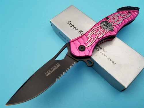 Ladies Pocket Knife Rescue Seat Belt Cutter Folding Blade Pink Skull FLAME 