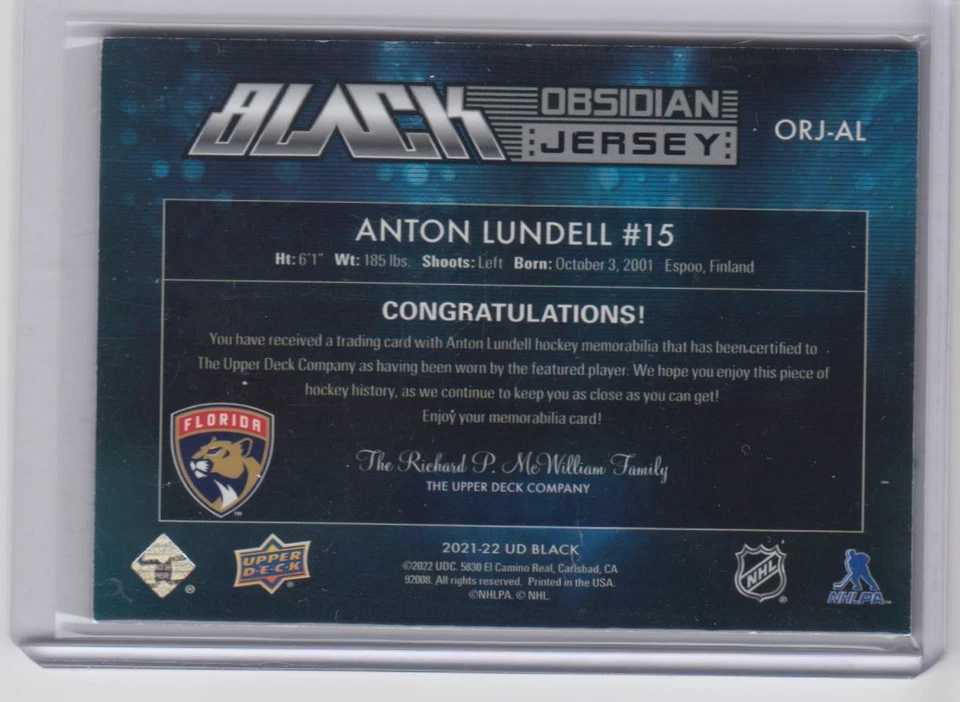 2021-22 SPx UD Black Obsidian Rookie Jersey Anton Lundell RC /399 Florida - Image 2 of 2