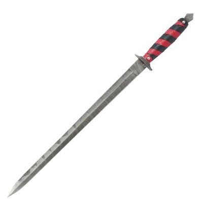 TheBoneEdge 28'''' Damascus Blade Mini Sword With Leather Red & Black Wrap Handle